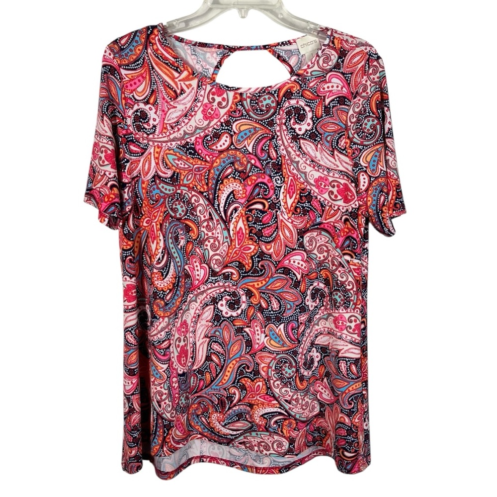 Chico's Pink Paisley Pattern Stretchy Liquid No-Iron Knit Casual Top 1 Medium/8